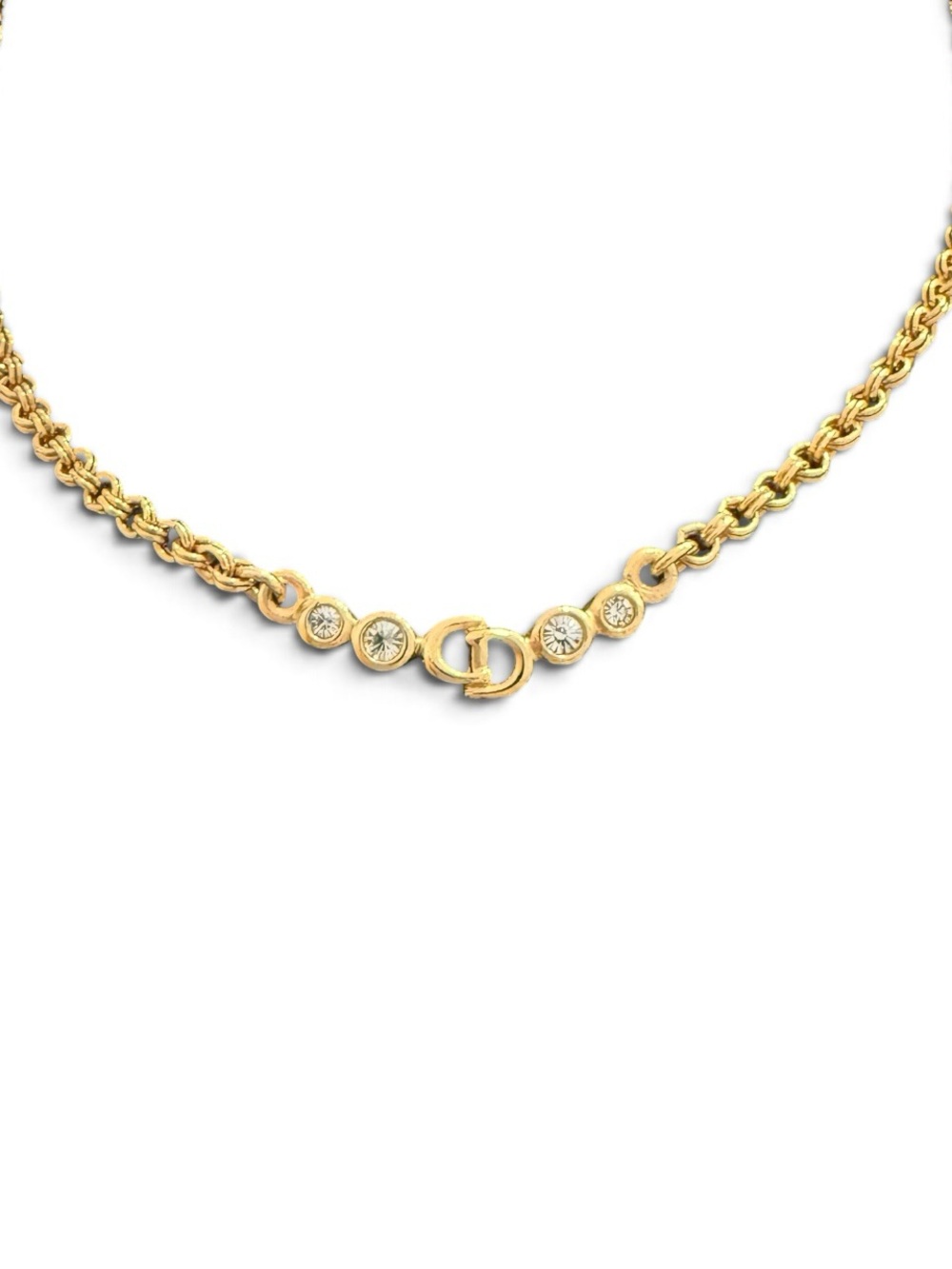 Vintage Christian Dior CD Logo Rhinestone Necklace | Gold Tone Choker